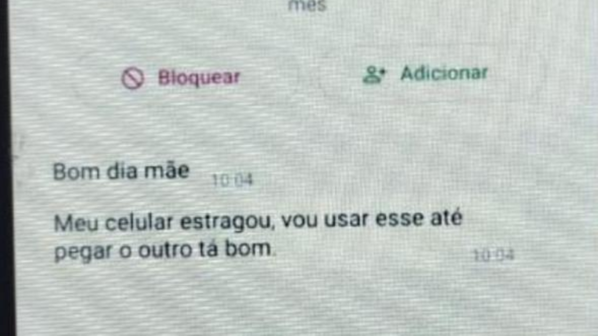 Imagem mostra mensagem de golpe do falso parente, em que golpista se passa por filho e diz estar usando novo número após suposto problema no celular.